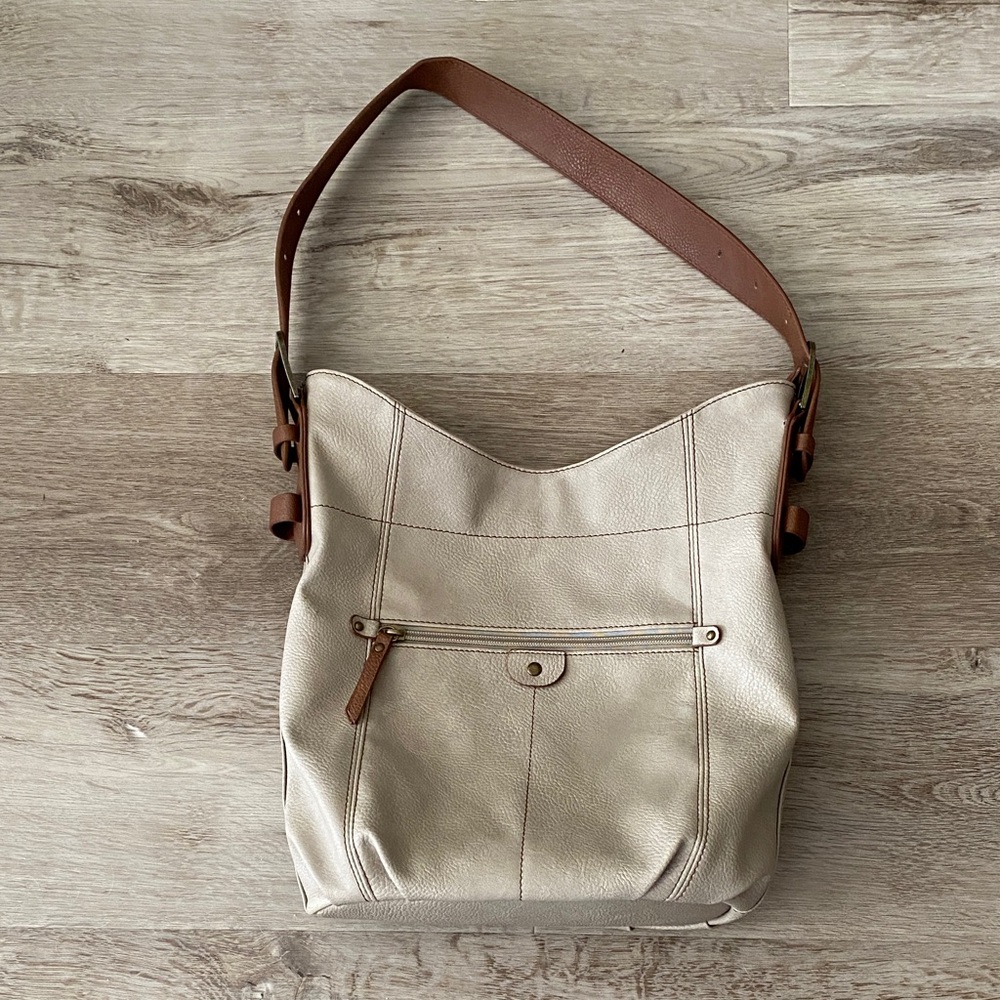 Cream Pebbled Leather Shoulder Bag with Brown Strap